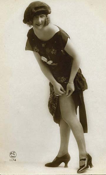 Adjusting stockings, 1920s. As someone who wears vintage hosiery, can I just say that the need to adjust your hose while out and about happens far, far less than vintage erotica suggests. If your stockings fit properly and you have good garter straps (attached to a belt, girdle, corset etc), they stay put. 