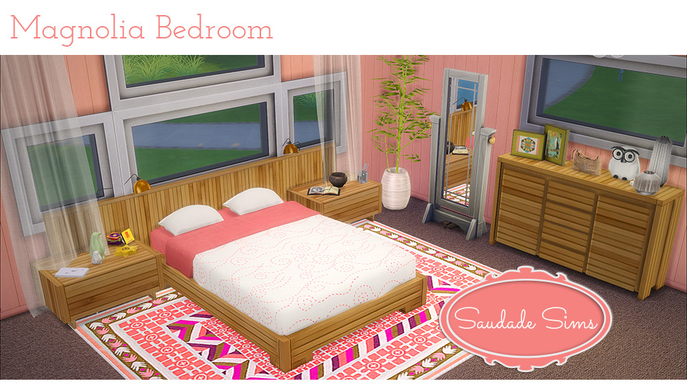 Magnolia Bedroom By SaudadeSimsOriginal Meshes:Pilar&#8217;s Slide BedPilar&#8217;s Drop End TableMutske&#8217;s Longford ConsoleKiolometro&#8217;s Natural Energy PaintingNote: You don&#8217;t need any of the original meshes for my recolors to work.Here they are :) 12 bed recolors and 3 recolors each for the headboard (painting), end table, and dresser (console). I couldn&#8217;t find a good dresser to recolor but I love this console table by Mutske so just remember, it won&#8217;t work like a dresser, more like a side table. The rugs and pictures on the dresser are mine and the plant and the rest of the clutter is from TSR (except for that stack of CDs, that&#8217;s EA).I tried my best to move the pics so they wouldn&#8217;t be so large on your dash, but every time I tried to move them my browser crashed. Maybe I can do better next time.I have brntwaffles SweetFX in my game, but I tested these without it and I think they still look good. The pics were taken with it on. Oh! And a tip: to get the headboard/painting to look it&#8217;s best, place a wall light in between it and the bed. You won&#8217;t be able to see the light, but it makes everything look better :)Ok. Enough talking. Download at my google drive:BedsHeadboardEnd TableDresseror the whole shebang:Bedroom Set