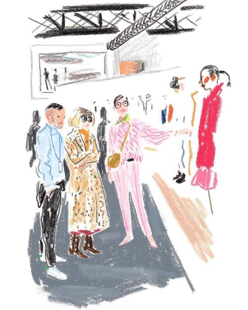 Daily #nyfw #snapsketch for @tmagazine : Jenna Lyons and Somsack Sikhounmuong (@blinxy) showing the fall/winter @jcrew collection to Anna Wintour. (at Spring Studio)