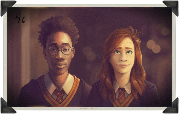 a digital drawing that looks like an old photo taped into an album. The photo depicts James Potter as a black man a short afro and glasses standing next to Lily, a white woman with red wavy hair. Both are wearing school uniforms. '76 is written in the corner to indicate when the photo was supposed to be take.