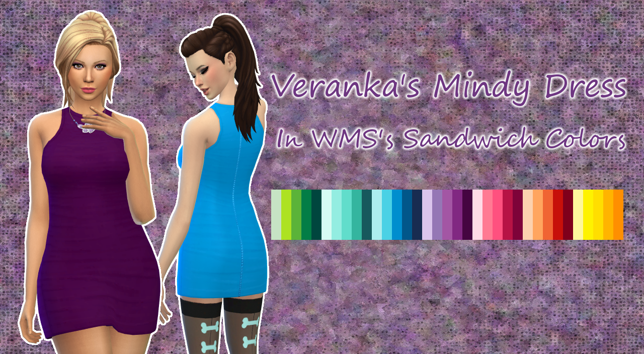 Mindy Dress in WMS Unnatural Sandwich ColorsI am happy to share with you all my first recolor in a very long time. I loved this dress when I saw it, but I felt it needed a lot more colors.I would like to thank @wildlyminiaturesandwich for sharing her awesome color palette and allowing people to use it, and of course @veranka-s4cc for the dress and for allowing recolors.You will need the original mesh for this to show up, which you can find here. All the colors are located with the original dress.I don’t know if it will really bother anyone, but although I left the zipper texture, I made it to match the color of the dress instead of making it silver. This is partially because I was frustrated with trying to get it to look right, and also because I personally do like it better like that.Download (Sim File Share)
