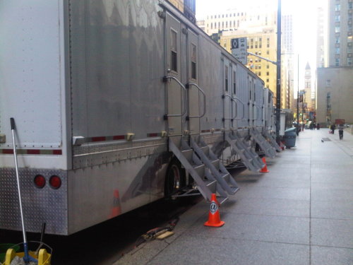 Trailers labelled for stunt doubles: working actors in Hollywood North, Toronto Bay Street north of Wellington Street 20100509&#160;1830