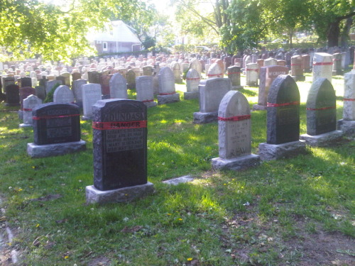 Bows tied around headstones. Marks for spring maintenance? St. John&#8217;s Norway Cemetery (Toronto, Sunday)