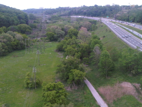 Don River, bicycle path in parklands, and Don Valley Parkway, viewed from the Millwood Road bridge, east(Toronto, Saturday)