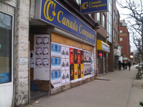 Biked to Canada Computer on College Street, found boarded up from fire in September. New store at old location across the street. I haven&#8217;t bought computer parts in months! (Toronto, Sunday) 20110102&#160;1600