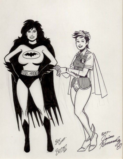 lookuplookup:

fantagraphics:

See more original Love and Rockets artwork from the collection of Thomas Rehhoff.

[Black and white illustration by Gilbert and Jaime Hernandez re-imagining Batman and Robin as female presenting figures.]


My heart is so full of love for this!
