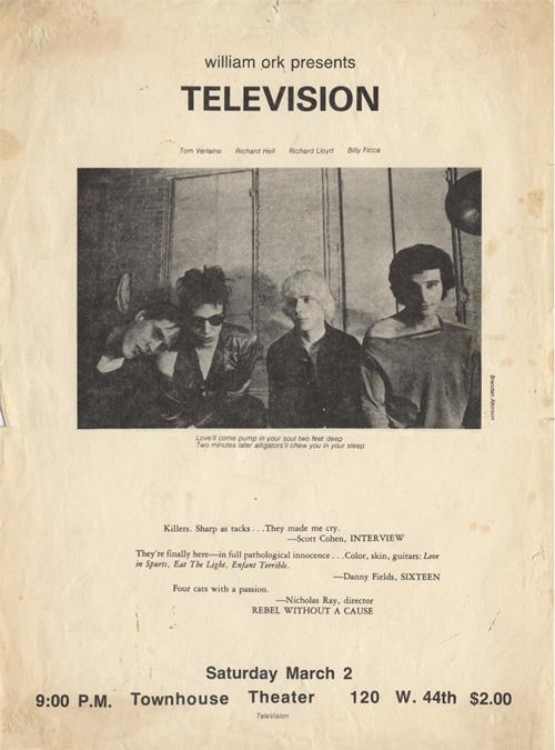TELEVISION: A Season In Hell
Soooo, here’s a compilation I’ve been working on for a while – an overview of the Richard Hell-era of Television, made up of rehearsals, live recordings and demos recorded between early 1974 and March 1975. Consider it a prequel of sorts to Kingdom Come. While the sound quality is rough on some of these tapes, the music is essential. This was a very different band than the one that would go on to record Marquee Moon a few years later – raw enough to make that album sound like Steely Dan by comparison. But if the playing is amateur-ish in places, it’s almost always thrillingly amateurish. And Hell definitely brought elements to the table that were lost once he was gone – a satirical, tongue-in-cheek humor, and his, um, unique bass stylings. He might not have been a very good bassist at this point, but he sure is enthusiastic, and that’s half the battle, isn’t it? I also get the feeling that Hell was the driving conceptual force behind the band at this stage – dig the elaborate and fanciful press release he penned (reprinted in Bryan Waterman’s excellent 33 1/3 volume): 

TOM VERLAINE - guitar, vocals, music, lyrics: Facts unknown. RICHARD HELL - bass, vocals, lyrics: Chip on shoulder. Mama’s boy. No personality. Highschool dropout. Mean. RICHARD LLOYD - guitar vocals: bleach-blond - mental institutions - male prostitute - suicide attempts. BILLY FICCA - drums: Blues bands in Philadelphia. Doesn’t talk much. Friendly. TELEVISION’s music fulfills the adolescent desire to fuck the girl you never met because you’ve just been run over by a car. Three minute songs of passion performed by four boys who make James Dean look like Little Nemo. Their sound is made distinctive by Hell’s rare Dan Electro bass, one that pops and grunts like no model presently available, and his unique spare patterns. Add to this Richard Lloyd’s blitzcrieg chop on his vintage Telecaster and Verlaine’s leads alternately psychotic Duane Eddy and Segovia on a ukelele with two strings gone. Verlaine, who uses an old Jazzmaster, when asked about the music said, “I don’t know. It tells the story. Like ‘The Hunch’ by the Robert Charles Quintet, or 'Tornado’ by Dale Hawkins. Those cats could track it down. I’ll tell you the secret.”

Richard Hell, ladies and gentlemen, punk’s first PR man. 
Take note! This isn’t a totally comprehensive collection – in particular, interested parties should seek out the Neon Boys EP, Hell, Verlaine and Ficca’s first stab at greatness. There are also a few tracks I left out that are just not that good. But all in all, I think this is what you need when it comes to Richard Hell with Television. Without further ado, the tracklisting: 
ORK LOFT REHEARSALS, 19741. Fuck Rock and Roll (I’d Rather Read a Book)2. Horizontal Ascension3. I’m Gonna Find You4. I Don’t Care5. Marquee Moon
MAX’S KANSAS CITY, AUGUST 19746. You Rip My Feelings Out7. Excitement8. What I Heard9. Telepathic Valentine10. Change Your Channels11. Judy12. Psychotic Reaction
ENO / WILLIAMS DEMOS, DECEMBER 197413. Prove It14. Friction15. Venus De Milo16. Double Exposure17. Marquee Moon
CBGB, JANUARY 197518. Hard On Love (Fast Version)19. UFO20. Poor Circulation21. Breakin’ In My Heart
CBGB, MARCH 197522. Blank Generation
Download