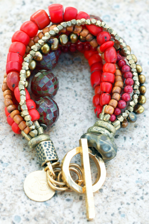 Antique Red &amp; Bronze Bracelet: Antique Red Shimmer Glass, Bronze Pearl and African Brass Bracelet