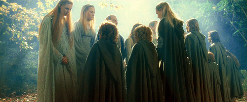 coeurdifferente:

     The Elves next unwrapped and gave to each of the Company the clothes they had brought. For each they provided a hood and cloak, made of according to his size, of the light but warm silken stuff that the Galadhrim wove. It was hard to say of what colour they were: grey with the hue of twilight under the trees they seemed to be; and yet if they were moved, or set in another light, they were green as shadowed leaves, or brown as fallow fields by night, dusk-silver as water under the stars.

