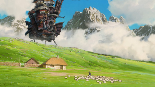 A shepherd looks on as Howl&#8217;s castle passes by.

Click here 