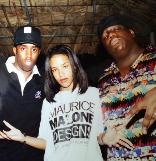 90s hip-hop style, Aaliyah in Maurice Malone tee, P. Diddy and Biggie