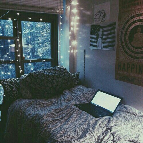 Photography Computer Hipster Boho Indie Laptop Bed Fairy Lights
