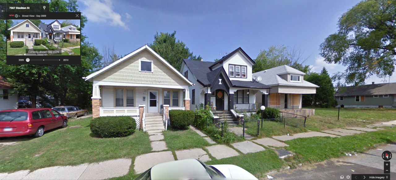 The two on the right are City of Detroit owned. The middle one sold for $47,000 in 2006. Since then, tax foreclosure and, clearly, a fire.