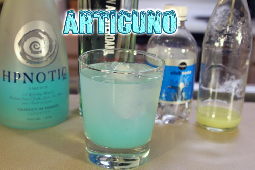 thedrunkenmoogle: Articuno (Pokemon cocktail) Ingredients:2 oz Hpnotiq.75 oz Gin.25 oz Lime JuiceClub soda to fill This episode on my Geek &amp; Sundry vlog, Critical Hit Cocktails, I decided to make a drink after one of my favorite ice Pokemon, Articuno! The Articuno cocktail is cool, flavorful, and smooth. While chilling the drink with Ice Beam is preferable, but shaking over ice and pouring over a big ol’ ice cube will work as well. Check out how to make it in the video: 
