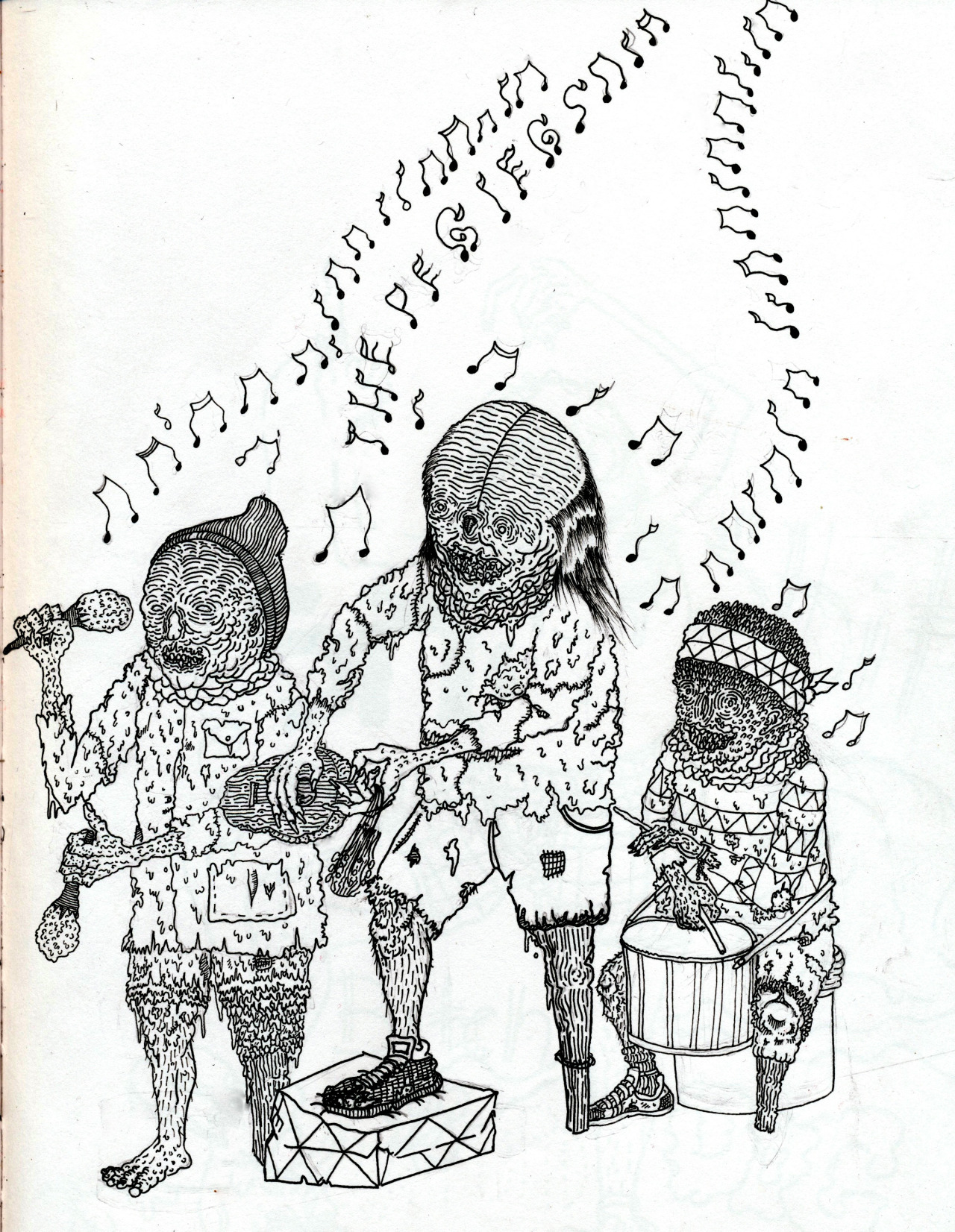 Monsters of folk (The Peg Legs) pen and ink I first came up with the idea for this drawing after living with a bunch of musicians in my current living situation.