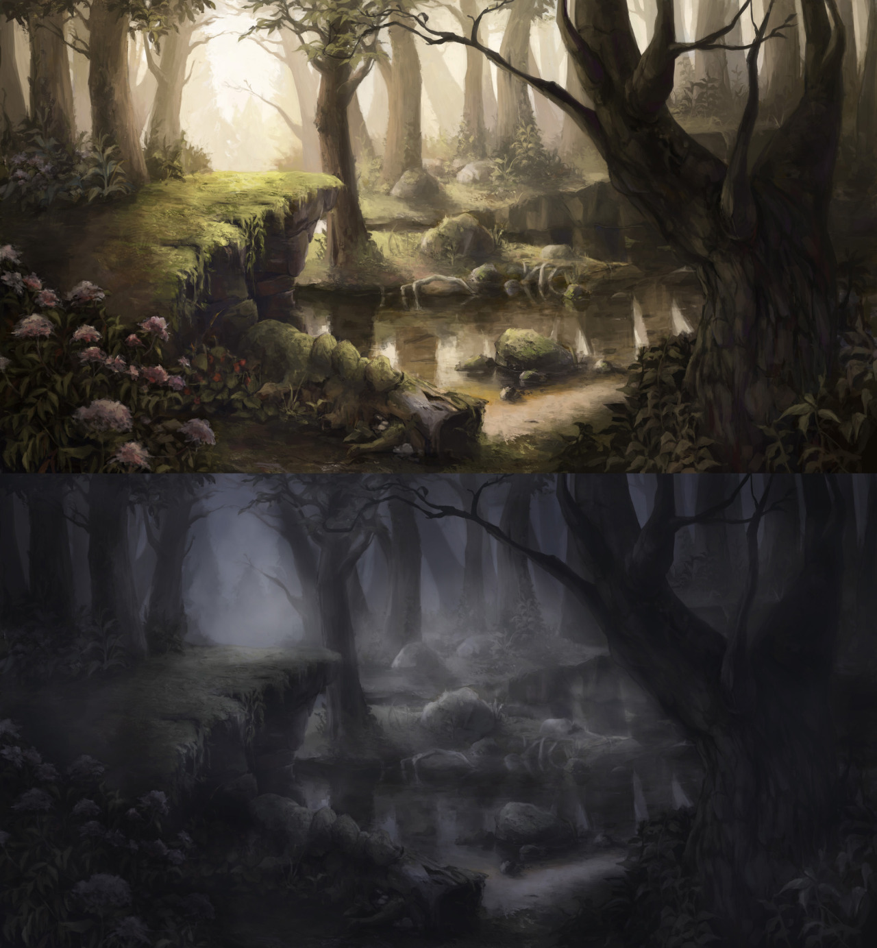 Day and night forest scene painted in photoshop!Feel free to follow me at missmaaike.tumblr.com for more art! Thank you! :D