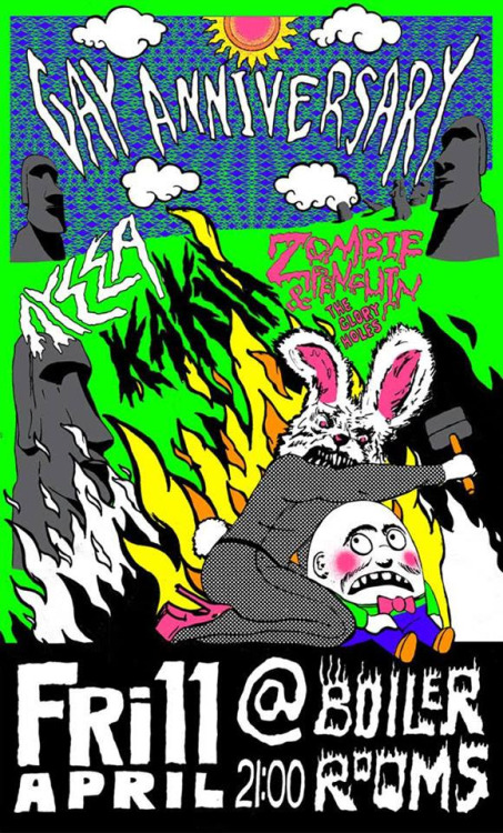 Gay Anniversary LIVE 11/4 at Boiler Rooms with medieval punk storm of ΛΥΣΣΑ ΚΑΚΙΑ and the specially for easter holy presence of Zombie Penguin and the Glory Holes ( ex PUTSUM )!!! Dance till you drop!!! Gay Anniversary https://www.facebook.com/GayAnniversary?fref=ts Λύσσα Κακιά https://www.youtube.com/watch?v=m-hz3IYPibg Zombie Penguin and the Glory Holes https://www.youtube.com/watch?v=aGoHXy1v2mw https://www.youtube.com/watch?v=sSPYnjd5jdg