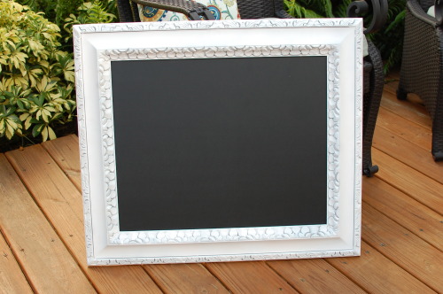 White Wood Framed Chalkboard - only one availableWe found this vintage frame at a local shop and decided to make it into a fun chalkboard for the home. Also great for weddings as a welcome sign, menu, photo booth etc. Ready to hang when you receive it.Dimensions: 29&#8221; x 24.5&#8221; 
Purchase here. 