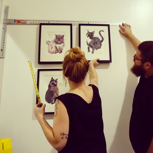 Megan and Justin hanging the first gallery show at the Cat Town Cafe last night, and we can&rsquo;t wait for you all to see it! We&rsquo;ll be hosting our opening celebration at 10AM October 25th at 2869 Broadway &gt;^. .^&lt;
