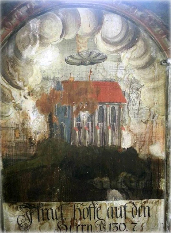 thehiddenscience: Ancient Astronauts in Romania?  Flying saucer like craft depicted in a painting unearthed in the Church of Dominican Monastery Church, Sighisoara. Read here 