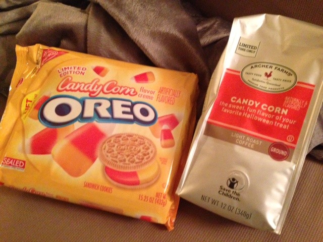My boyfriend came home with candy corn Oreos and candy corn coffee.
I&rsquo;m just glad he&rsquo;s figured out the key to my happiness*. (READ: Sugar)