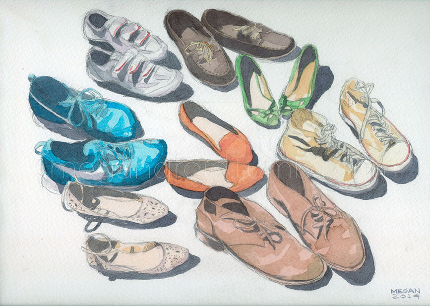 I often draw faces, but for our family portrait, I opted to draw our favorite footwear. Sometimes the things that we often use reveal our character. As in the case of shoes.  More drawings on my Tumblr.