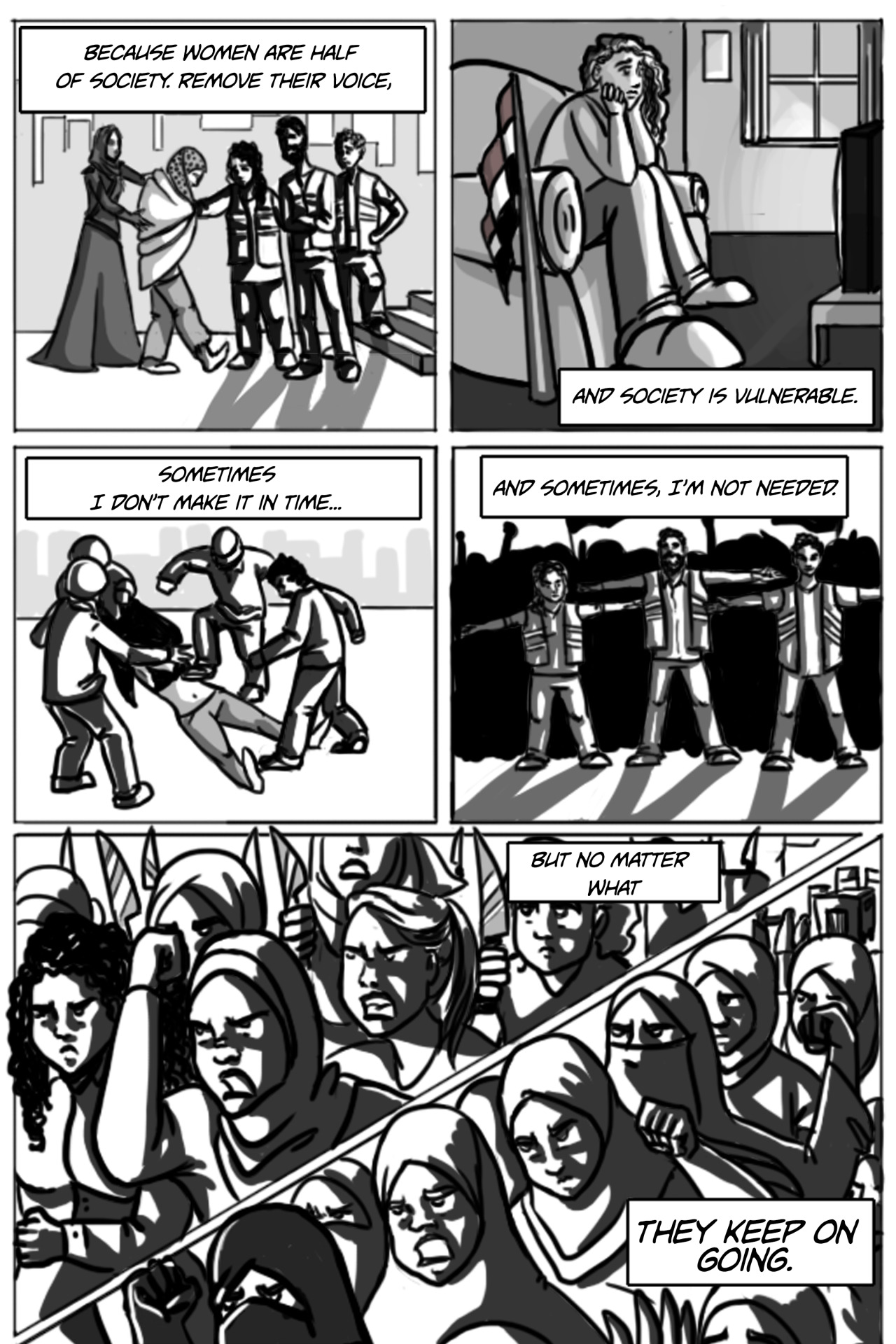 This is less of a superhero comic and more of a tribute. I remember at one point during the revolution, people would use statistics of attacks on women to discredit political movements – and Egyptians – at large. This keeps happening, consistently, both locally and internationally. People will abuse statistics as they see fit, but they will always ignore the women at the base of those statistics. So, politics and superpowers aside, here is my attempt at a tribute to real-life superheroes.
other qahera comics | facebook page
also featured on rebelmusic.com