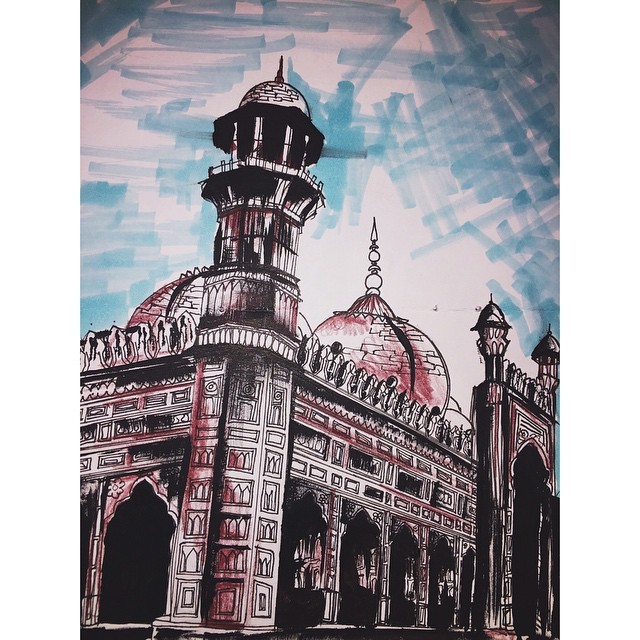 artistchord:Badshahi Mosque. #artsnackschallenge #artsnacks #art #ink #watercolor #pencil #mosque #pakistan #badshahi Created using only the product that came in her ArtSnacks box. ArtSnacks is like a magazine subscription but instead of a magazine you get 4 or 5 different art products to try out. Learn more about ArtSnacks here.