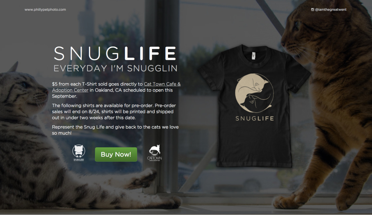 Philadelphia Cat Man and pet photographer Andrew Marttila is holding a  fundraiser to benefit the Cat Town Cafe! Designed by @flopit and Andrew,  the &lsquo;SNUG LIFE&rsquo; shirt will be available for pre-order over at www.snuglife.phillypetphoto.com and they&rsquo;ll be donating $5 from every sale to Cat Town. Make sure and check out his instagram acct. of his amazing photography over via instagram @iamthegreatwent  too! &gt;^. .^&lt; Adam &amp; Ann