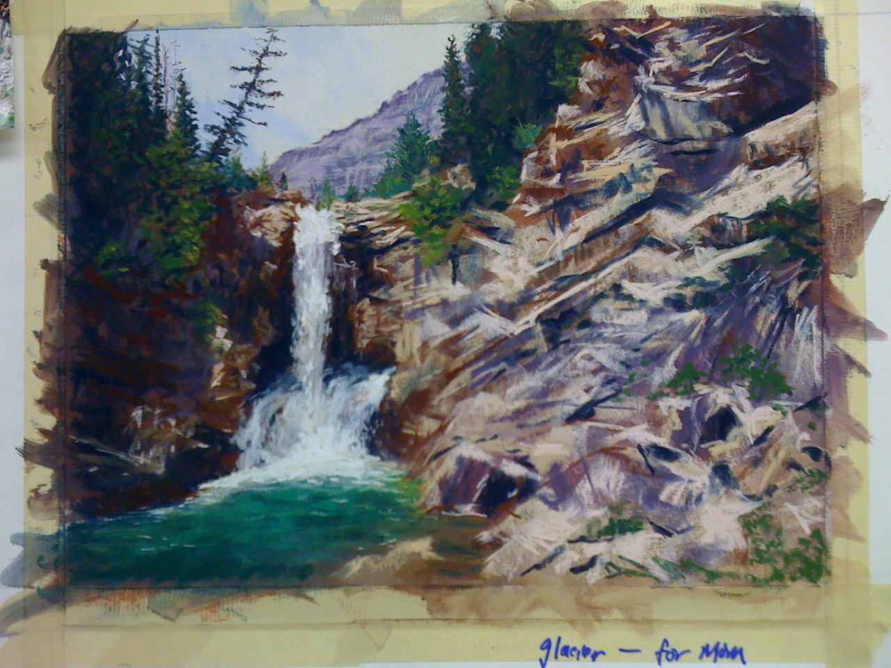i did this in soft pastels. from my own photograph of a waterfall in Glacier National Park. http://cookingforgodot.tumblr.com