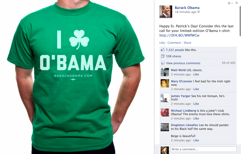 President Obama is part Irish, or whatever, and he posted this to his FB page.
Have a look at the comments section&hellip;Just have a look.
Happy St. Patrick&rsquo;s Day, everyone who likes drinking!!!