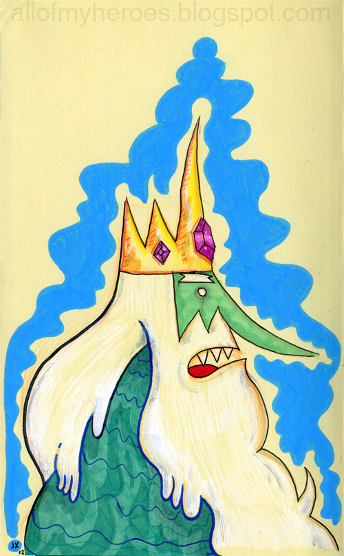 tumblrtoons: 4th in my series of Off Model Prints. Ice King of Adventure Time! Here’s the 1st one: Bessie of Mighty B, 2nd: Brian from Family Guy, and the 3rd: Bobby of King of the Hill! No photoshop manipulation at all (except for the watermark). Straight up paint markers, permanent markers, color markers, highlighters, colored pencil, whatever else I got lying around at the time, etc. I &lt;3 the Ice King! -Jeaux 