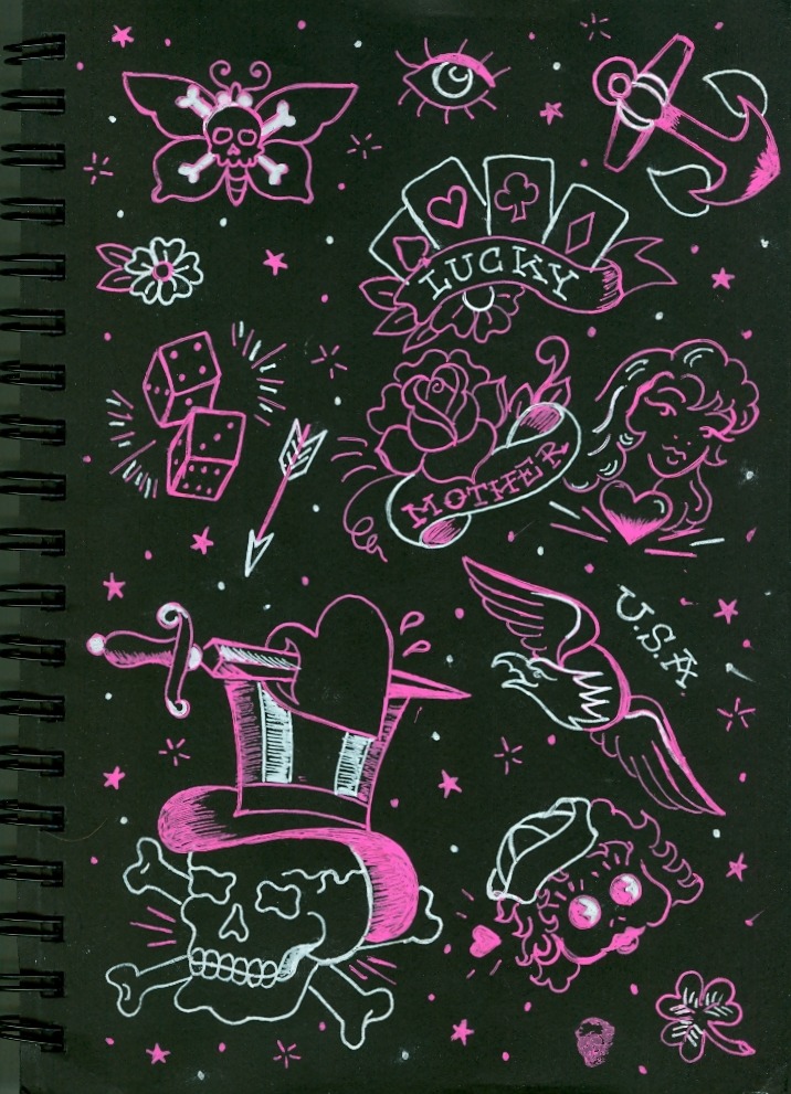 Experimenting in my black sketchbook.   Pink &amp; white ink  Jenai Chin TheTattooGirl Fan, Blog, Tweet, Tumble